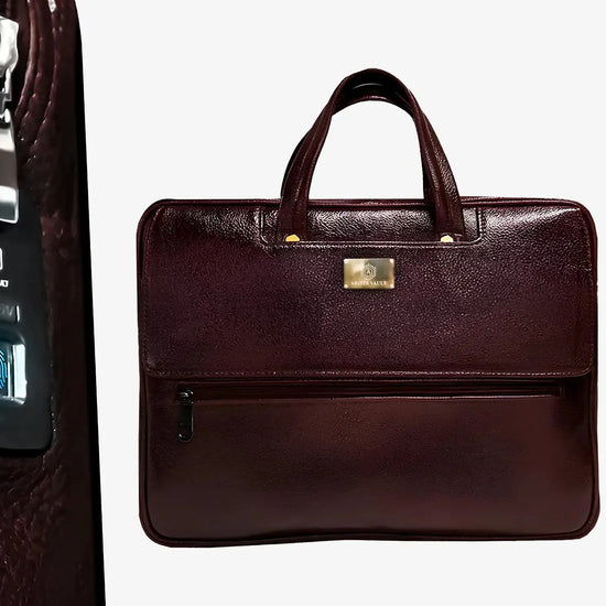 Close-up of Biometric Scanner on Brown Leather Laptop Bag with USB Charging Connection