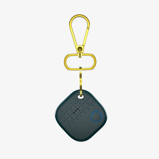 Smartphone Displaying Arista Tracker App Connected to Navy Blue Smart Keychain for Key Finding