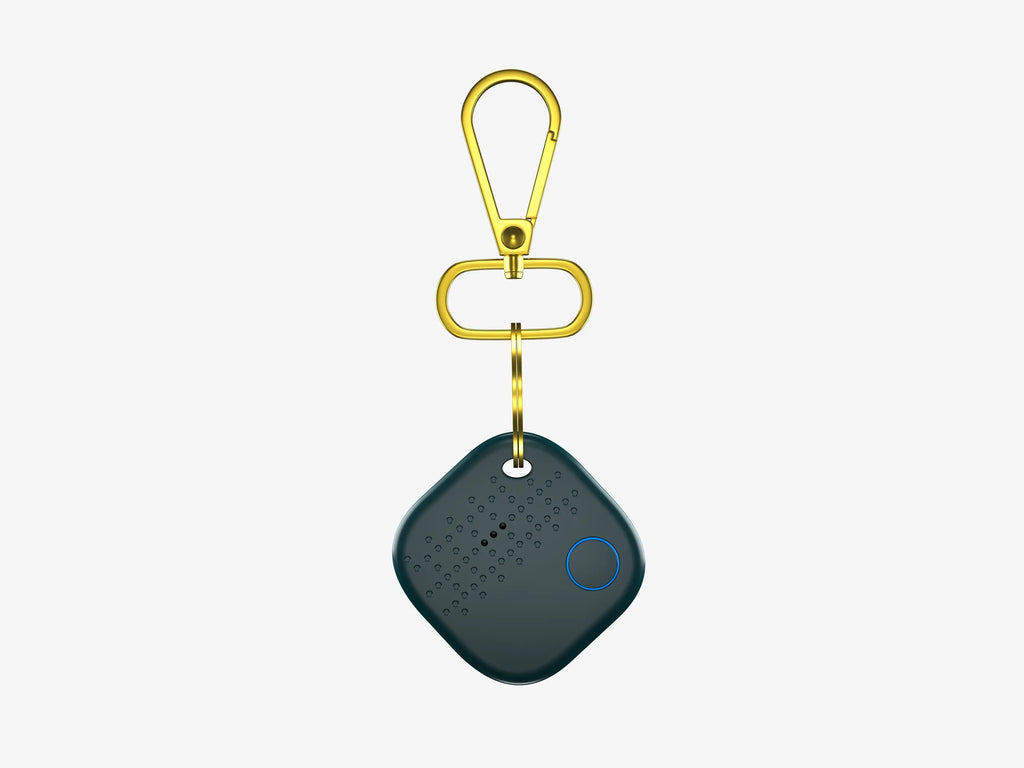 Smartphone Displaying Arista Tracker App Connected to Navy Blue Smart Keychain for Key Finding