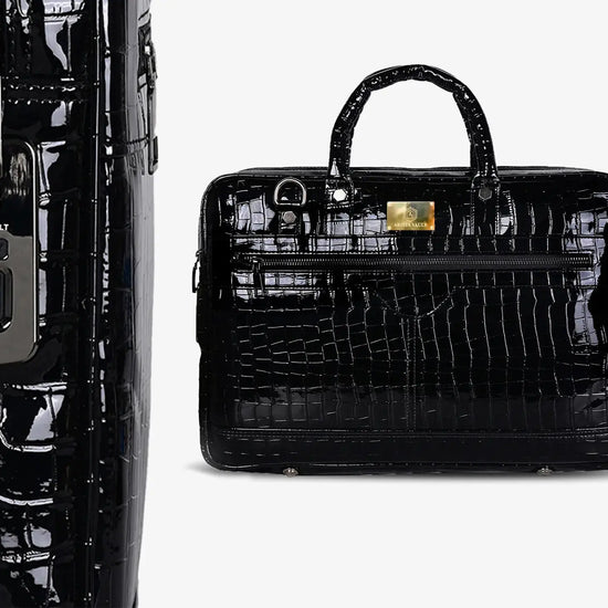 Close-up of Fingerprint Scanner on Black Croc Textured Business Bag with USB Charging Port