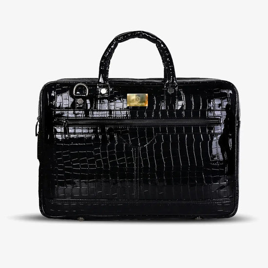 Black Croc Textured Vegan Leather Laptop Bag with Fingerprint Lock Technology for Business Executives