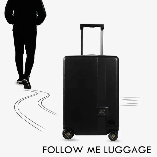 Side View of Black Self-Following Luggage with AI Sensors and Rideable Design