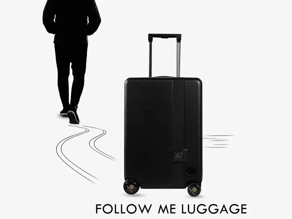 Side View of Black Self-Following Luggage with AI Sensors and Rideable Design