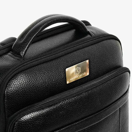 Inside View of Black Fingerlock Leather Backpack with Laptop Sleeve and Document Compartments