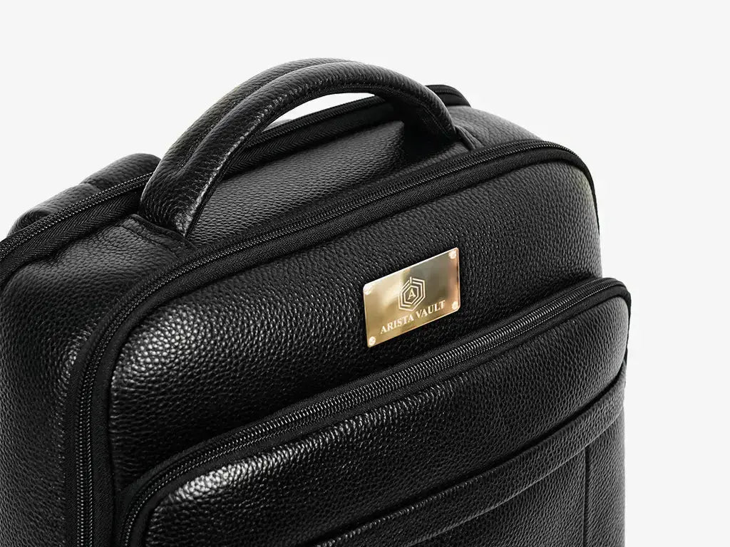 Inside View of Black Fingerlock Leather Backpack with Laptop Sleeve and Document Compartments