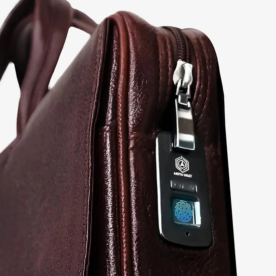Side Profile of Brown Leather Fingerlock Bag Showing Sleek Design and Smart Lock Technology