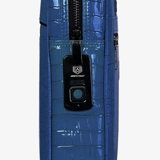 Side View of Royal Blue Croc Textured Laptop Bag Showing Luxury Pattern and Hardware