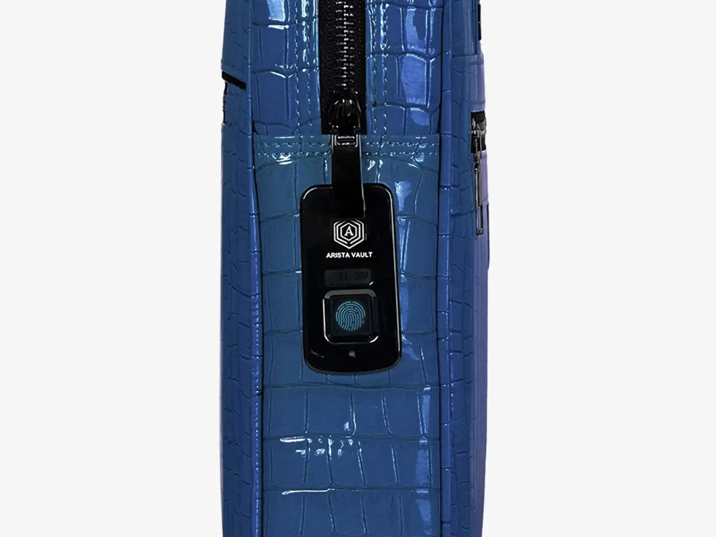 Side View of Royal Blue Croc Textured Laptop Bag Showing Luxury Pattern and Hardware