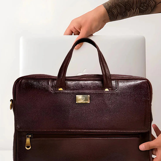 Business Executive Using Brown Fingerlock Leather Bag in Office Setting with Biometric Security