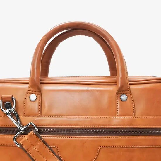 Business Executive Using Tan ZenMatte Laptop Bag with Fingerprint Security in Office Setting