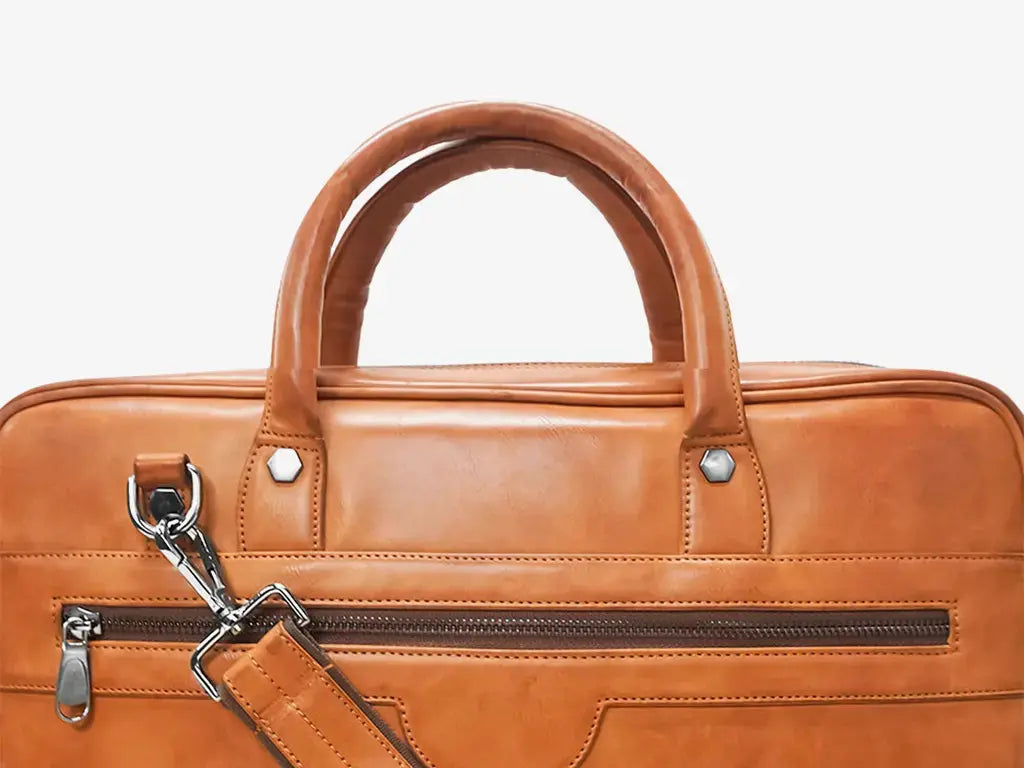 Business Executive Using Tan ZenMatte Laptop Bag with Fingerprint Security in Office Setting