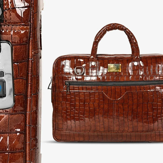 Close-up of Biometric Lock on Brown Croc Textured Premium Laptop Bag