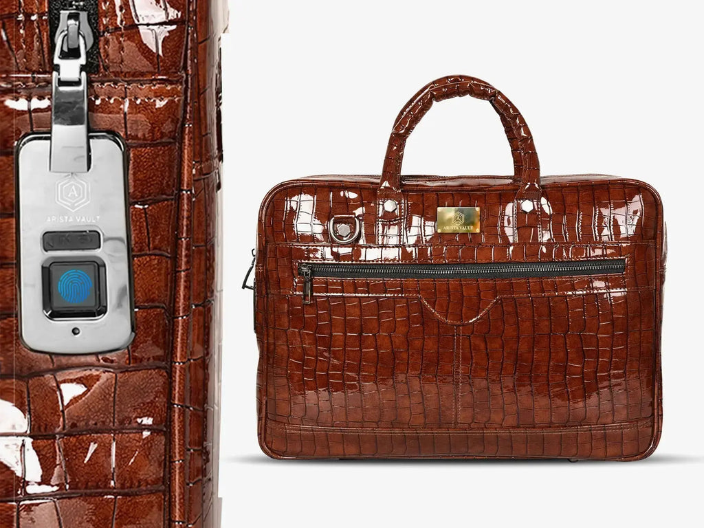 Close-up of Biometric Lock on Brown Croc Textured Premium Laptop Bag