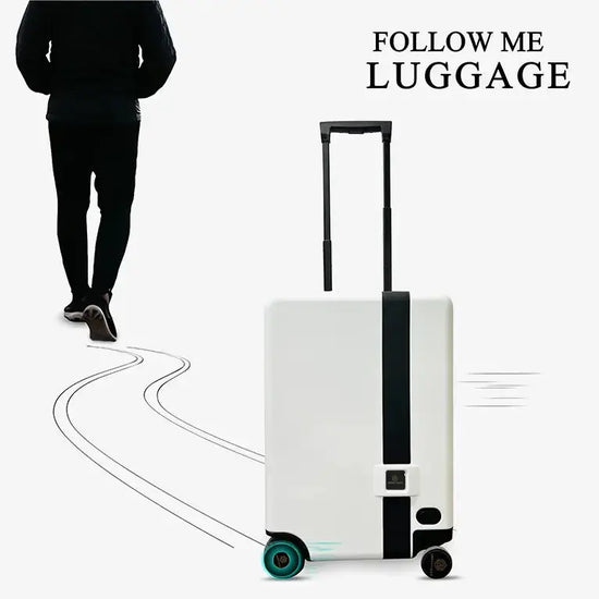 Side View of White Smart Luggage with Auto-Follow Sensors and Built-in Power Bank