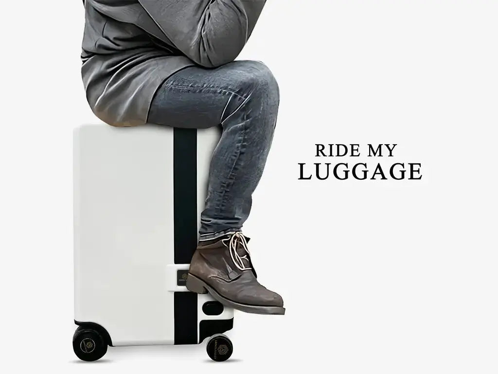 Traveler Using White Follow Me Smart Luggage in Airport with Auto-Following Technology