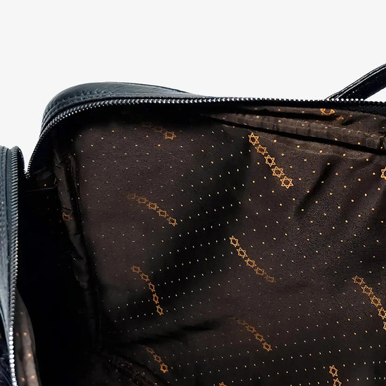Close-up of Fingerprint Scanner on Black Croc Leather Bag with Rechargeable Battery System