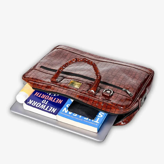 Inside View of  Brown Croc Textured Bag with Professional Storage Solutions