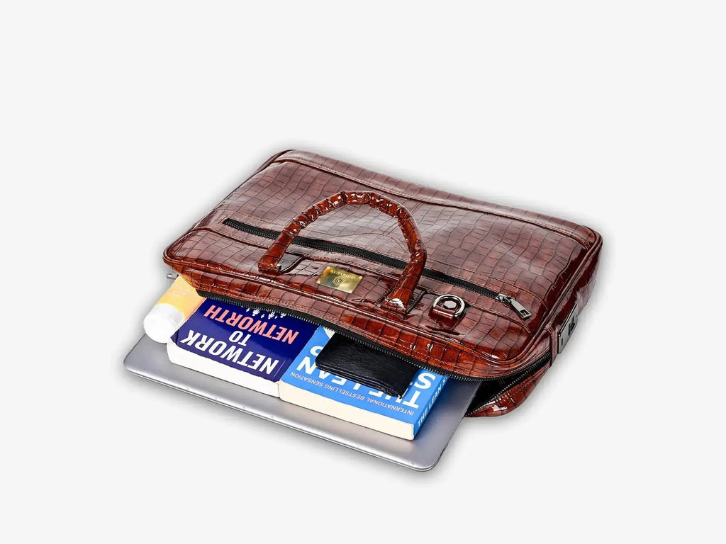 Inside View of  Brown Croc Textured Bag with Professional Storage Solutions