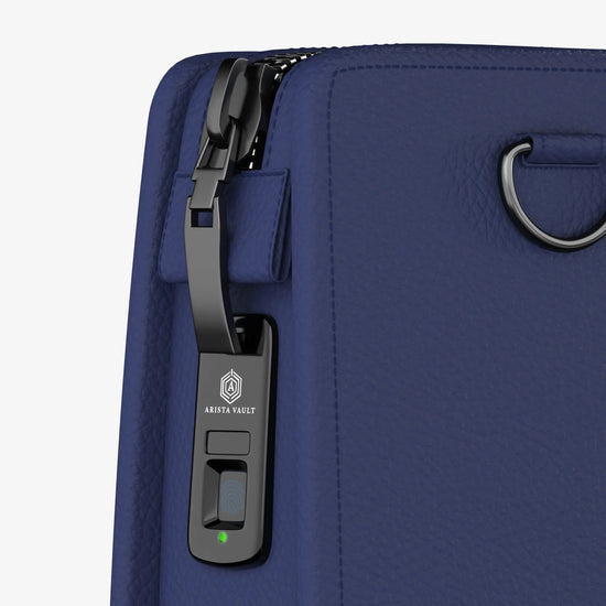 Side Profile of Blue Techbag Fingerlock Showing Contemporary Design and Anti-Theft Features