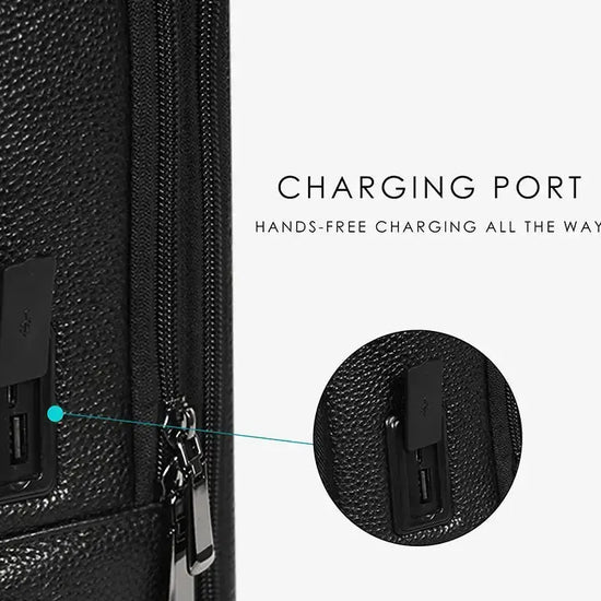 Close-up of Biometric Scanner on Black Leather Backpack with Rechargeable Battery System