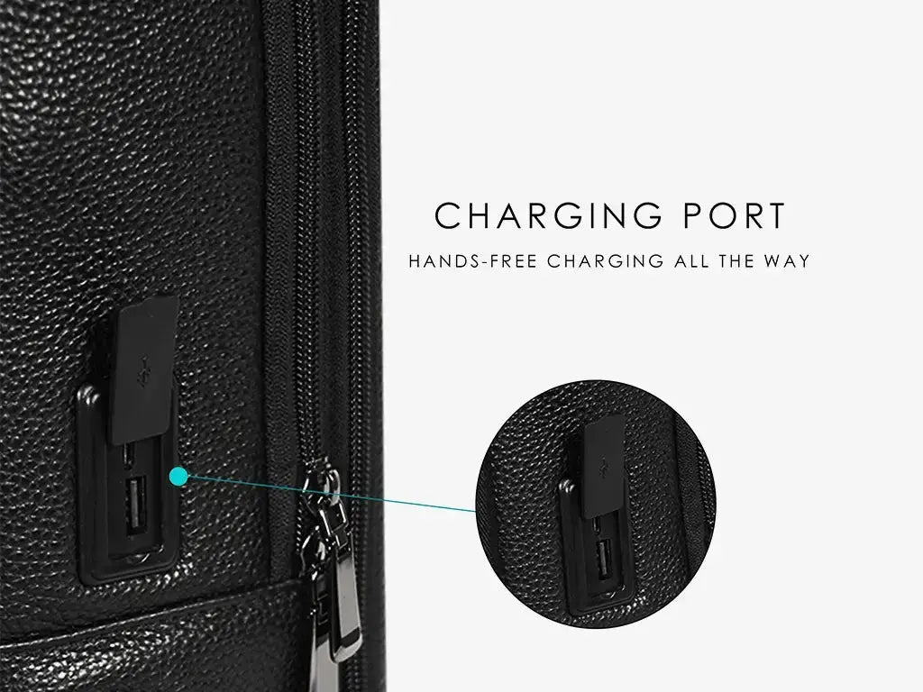 Close-up of Biometric Scanner on Black Leather Backpack with Rechargeable Battery System