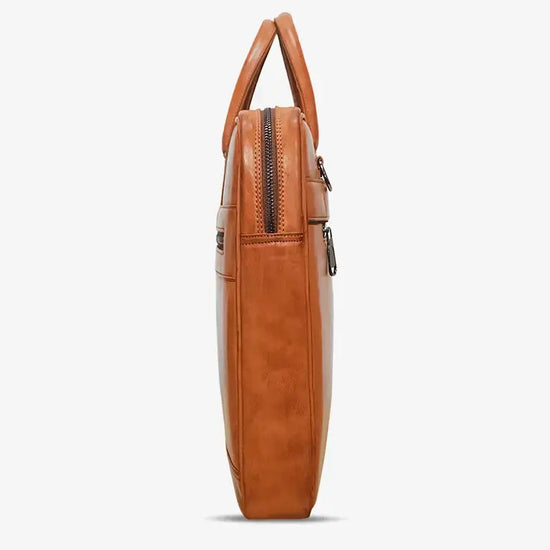 Inside View of Tan ZenMatte Laptop Bag Showing Multiple Compartments and Laptop Sleeve