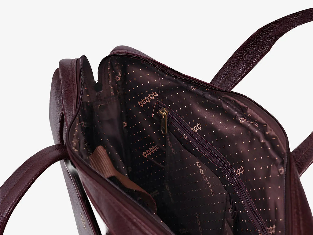 Interior View of Brown Fingerlock Leather Bag with Laptop Compartment and Document Stora
