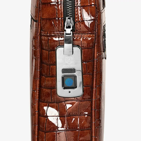 Side View of  Brown Croc Embossed Laptop Bag with Business-Ready Design