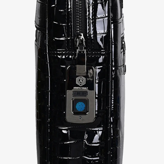 Side View of Black Croc Textured Fingerprint Secured Laptop Bag with Multiple Compartments