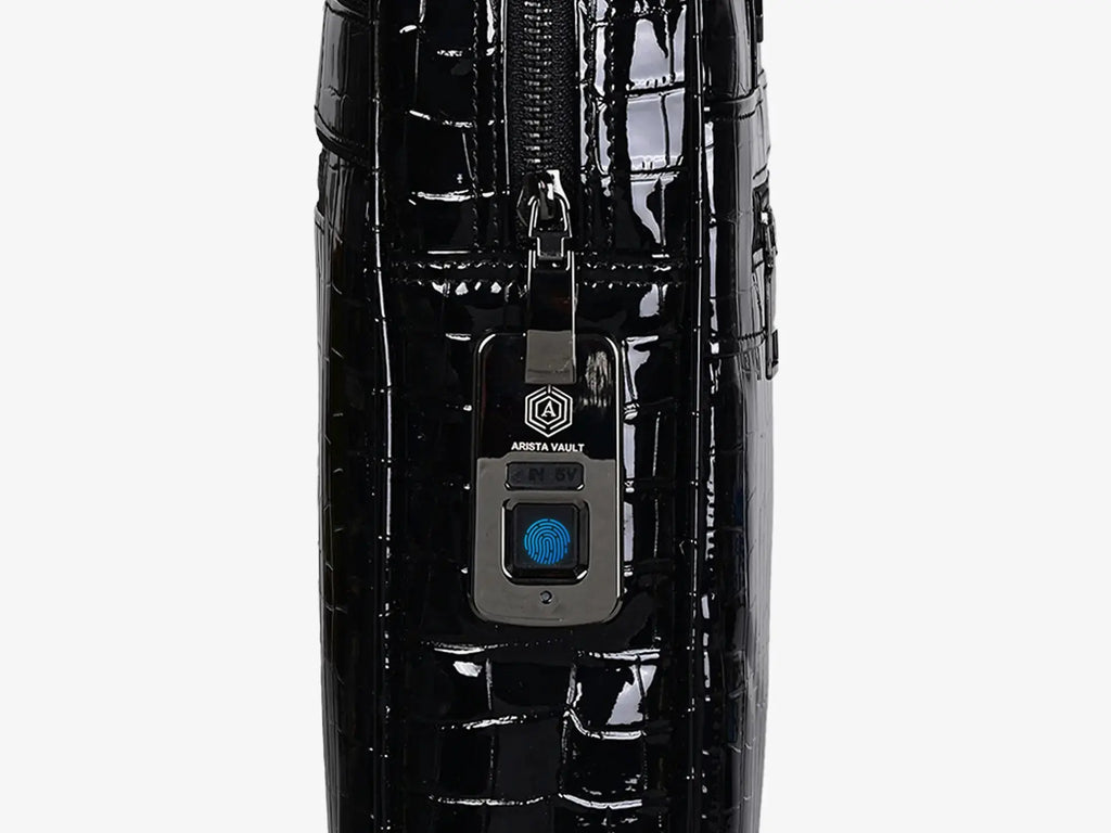Side View of Black Croc Textured Fingerprint Secured Laptop Bag with Multiple Compartments