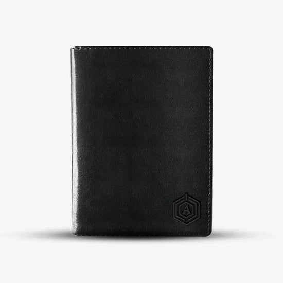 Black Leather Smart Passport Holder with Bluetooth Tracking and RFID Protection Technology