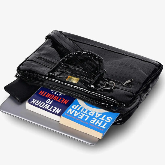 Business Professional Using Black Croc Textured Fingerlock Bag During Business Meeting