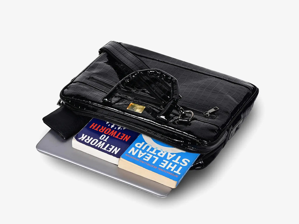 Business Professional Using Black Croc Textured Fingerlock Bag During Business Meeting