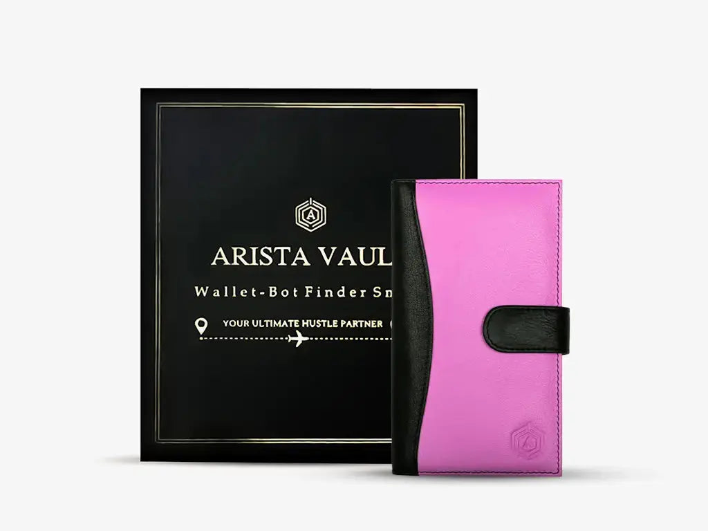 Woman Using Pink She Bot Finder Smart Wallet with Location Tracking in Daily Life Scenario