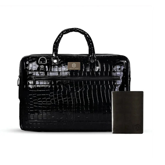 Croc Textured Fingerlock Bag (Black) + Smart Passport Holder (Brown) Arista Vault