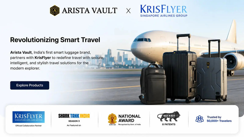 KrisFlyer x Arista Vault featuring smart luggage, smart backpack, and smart wallet for earning KrisFlyer Miles.