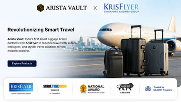 KrisFlyer x Arista Vault featuring smart luggage, smart backpack, and smart wallet for earning KrisFlyer Miles.