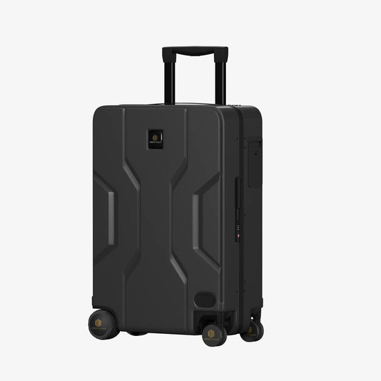 Traveler Walking with Grey Self-Following Jarviz Luggage Demonstrating Obstacle Avoidance
