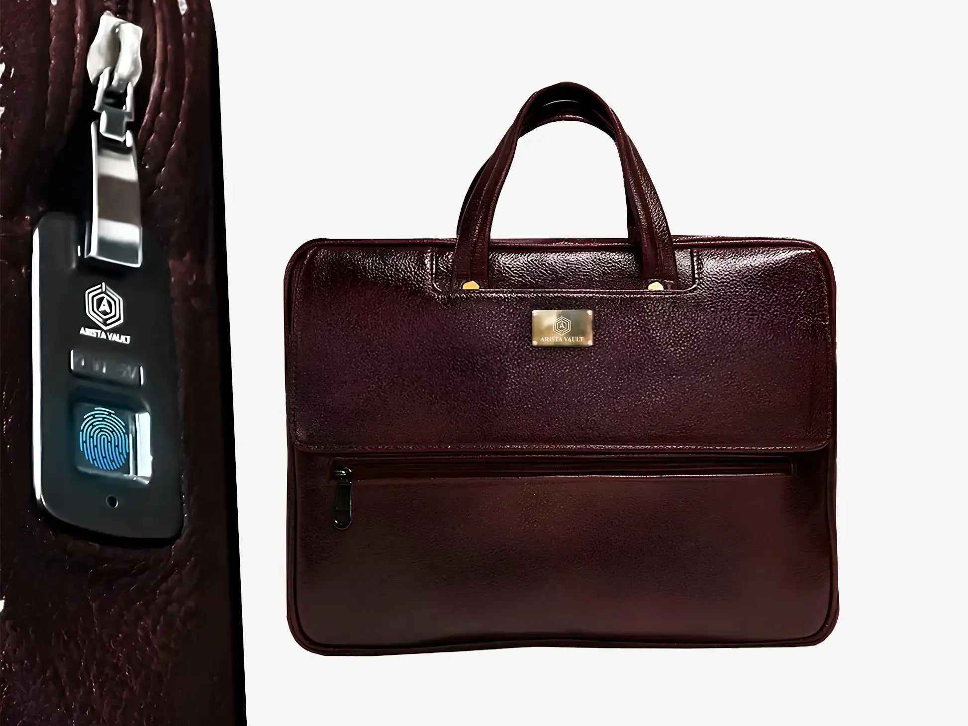 Close-up of Biometric Scanner on Brown Leather Laptop Bag with USB Charging Connection