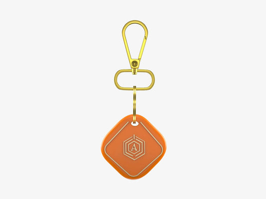 Smartphone Displaying Arista Tracker App Connected to Orange Smart Keychain for Key Location