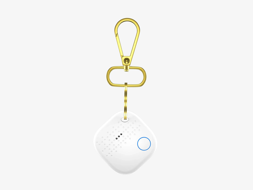Smartphone Displaying Arista Tracker App Connected to White Smart Keychain for Key Finding