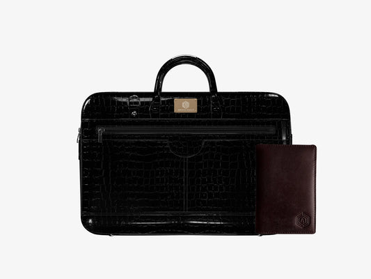 Croc textured fingerlock Bag (Black) +  Passport Holder (Brown) Arista Vault