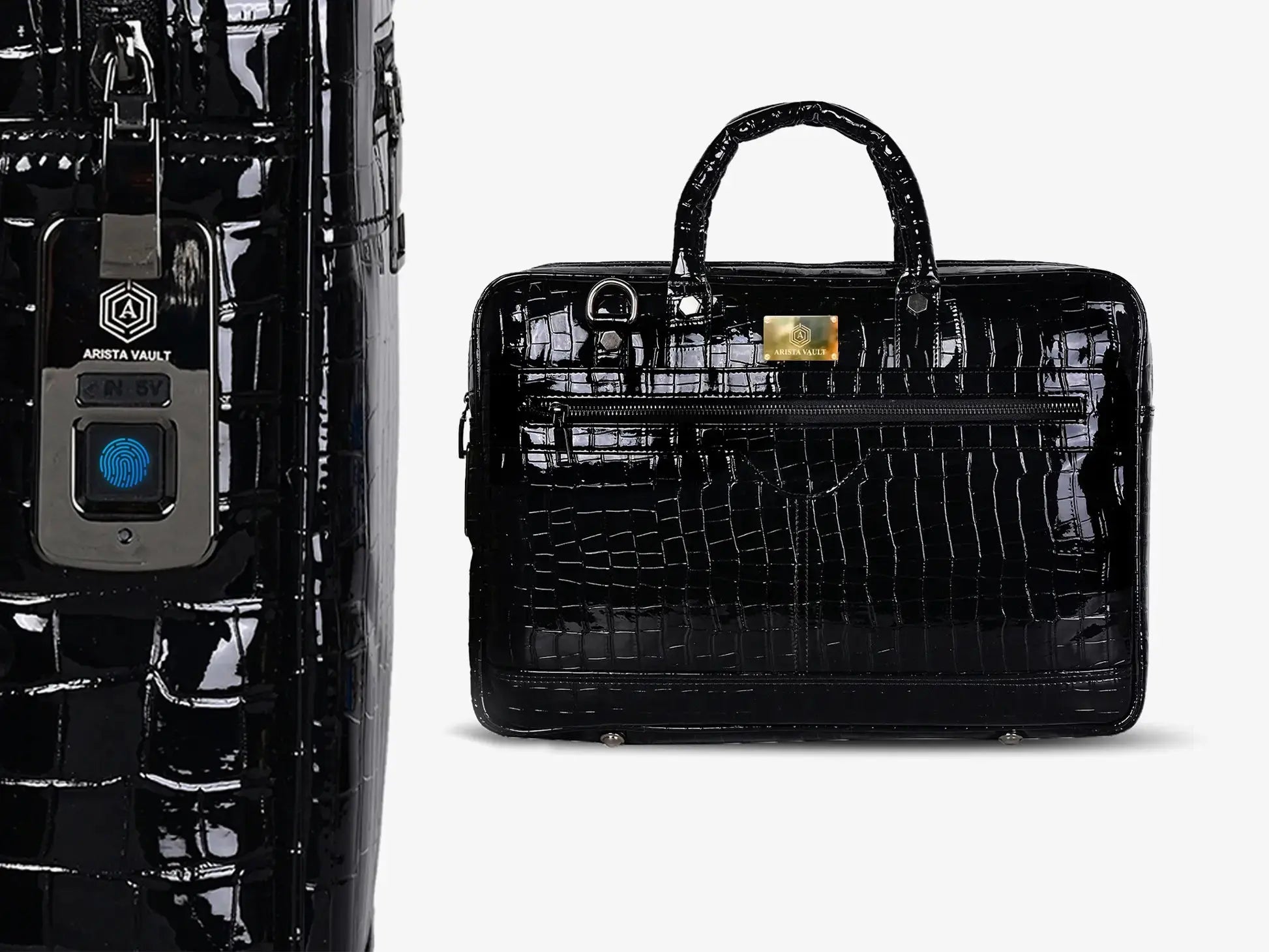 Close-up of Fingerprint Scanner on Black Croc Textured Business Bag with USB Charging Port