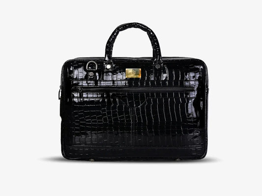 Black Croc Textured Vegan Leather Laptop Bag with Fingerprint Lock Technology for Business Executives