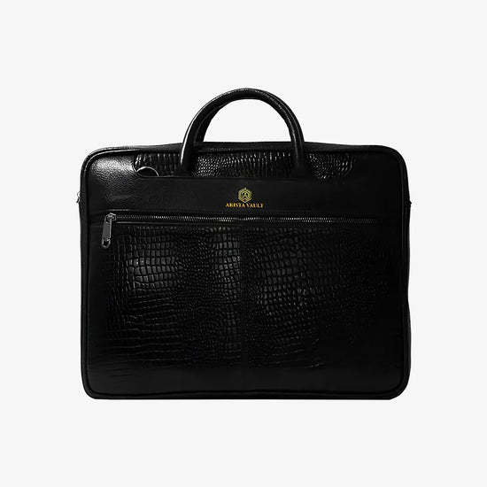 Premium Black Croc Textured Leather Laptop Bag with Biometric Lock for Executive Professionals