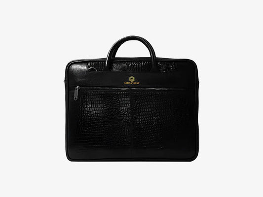 Premium Black Croc Textured Leather Laptop Bag with Biometric Lock for Executive Professionals
