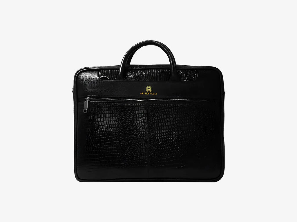 Premium Black Croc Textured Leather Laptop Bag with Biometric Lock for Executive Professionals