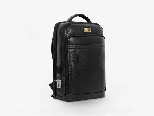 Premium Black Leather Backpack with Biometric Fingerprint Security and Business Organization Features