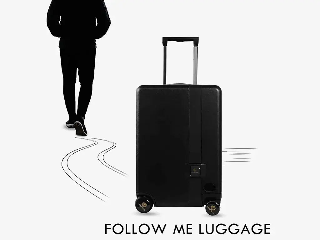 Side View of Black Self-Following Luggage with AI Sensors and Rideable Design