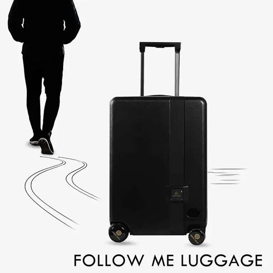 Side View of Black Self-Following Luggage with AI Sensors and Rideable Design